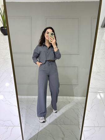 Antrasit Cep Detaylı Crop Gömlek Pantolon Takım