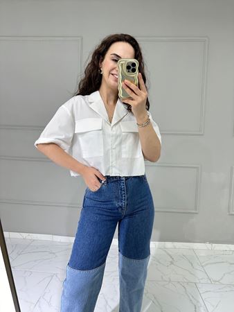 Beyaz Kapaklı Cep Detaylı Yarım Kollu Crop Gömlek