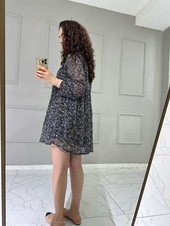 Siyah Çıtır Desenli Şifon Elbise