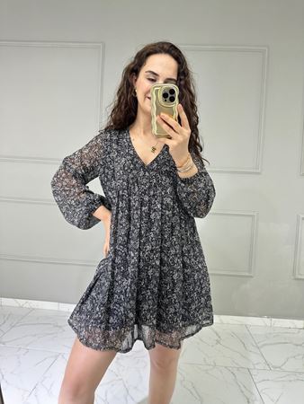 Siyah Çıtır Desenli Şifon Elbise