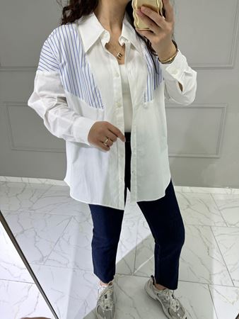 Ekru Mavi Çizgili Basic Gömlek