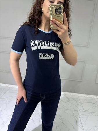 Lacivert Yaka Biyeli Yazı Detaylı T-Shirt