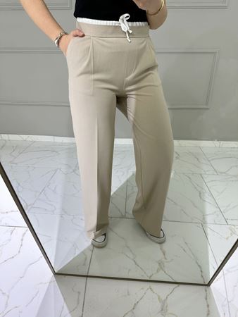 Bej Parça ve Ayarlanabilir İp Detaylı Kumaş Pantolon