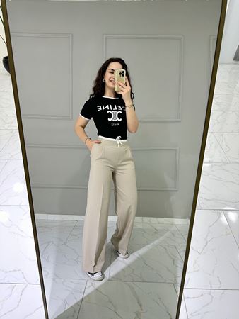 Bej Parça ve Ayarlanabilir İp Detaylı Kumaş Pantolon