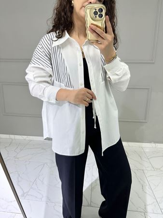 Ekru Siyah Çizgili Basic Gömlek
