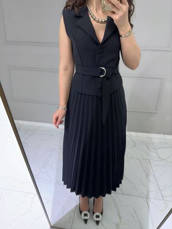 Siyah Tasarım Model Yelek Etek Görünümlü Elbise