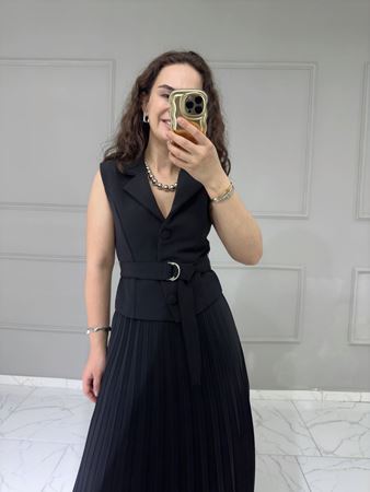 Siyah Tasarım Model Yelek Etek Görünümlü Elbise