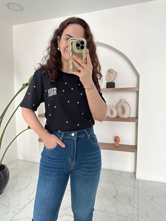 Siyah Taşlı Yazı Detaylı T-Shirt