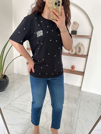 Siyah Taşlı Yazı Detaylı T-Shirt
