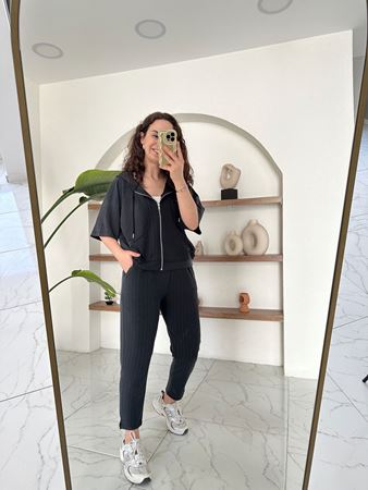 Lacivert Çizgili Yarım Kol Kapüşonlu Sweatshirt Pantolon Takım