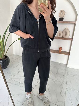 Lacivert Çizgili Yarım Kol Kapüşonlu Sweatshirt Pantolon Takım