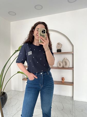 Lacivert Taşlı Yazı Detaylı T-Shirt