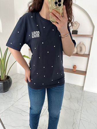Lacivert Taşlı Yazı Detaylı T-Shirt