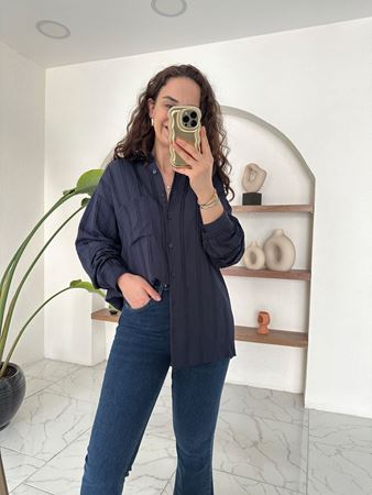 Lacivert Dokulu Çizgili Oversize Gömlek