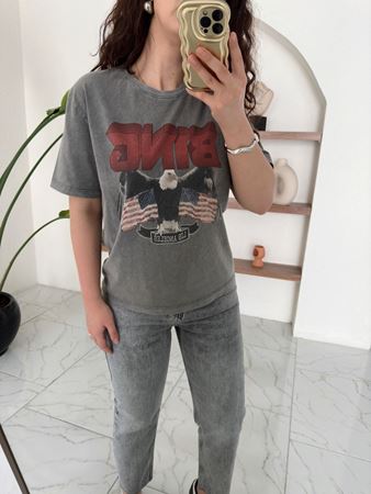 Antrasit Yıkamalı Kartal Baskılı T-Shirt