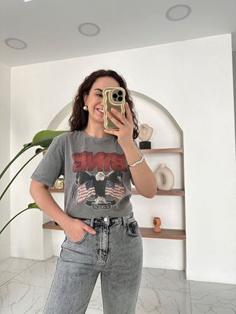 Antrasit Yıkamalı Kartal Baskılı T-Shirt