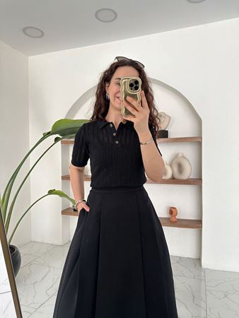 Siyah Polo Yaka Düğmeli Ajurlu Triko