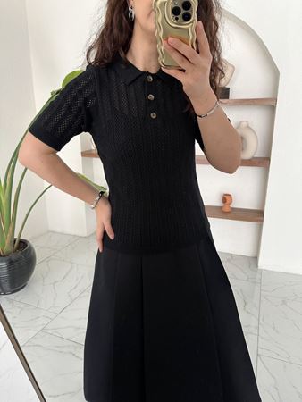 Siyah Polo Yaka Düğmeli Ajurlu Triko