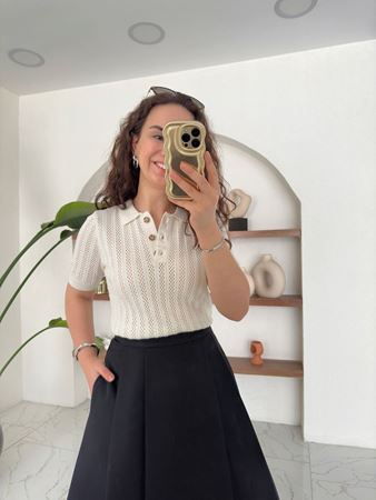 Bej Polo Yaka Düğmeli Ajurlu Triko