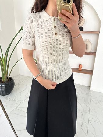 Bej Polo Yaka Düğmeli Ajurlu Triko