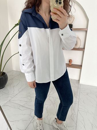 İki Renkli Kolları Düğme Detaylı Gömlek