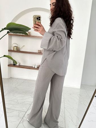 Gri Piliseli Kumaş Gömlek Pantolon Takım