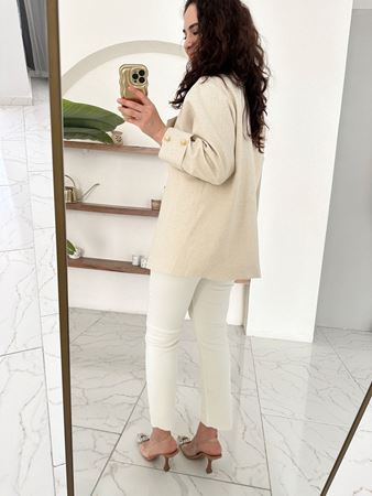 Bej Naturel Kolları Katlı Keten Ceket