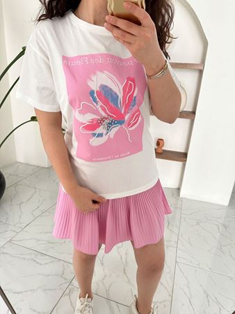 Ekru Pembe Baskılı Taş Detaylı T-Shirt