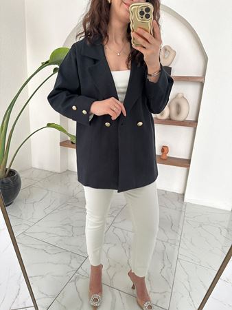 Siyah Naturel Kolları Katlı Keten Ceket