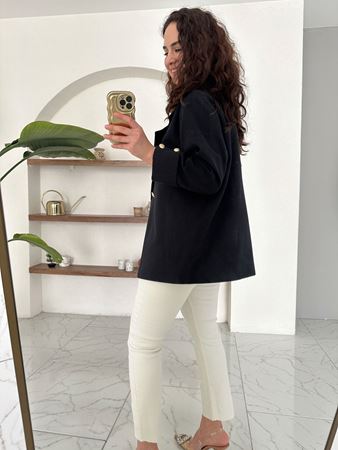 Siyah Naturel Kolları Katlı Keten Ceket
