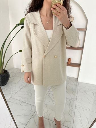 Bej Naturel Kolları Katlı Keten Ceket