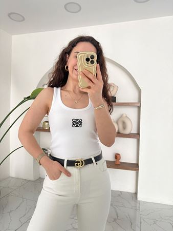 Beyaz Siyah Loewe Nakışlı Atlet