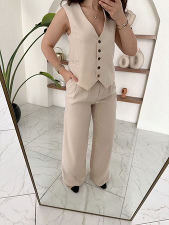 Bej Premium Yelek Palazzo Pantolon Takım
