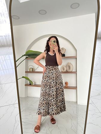 Kahverengi Leopar Desenli Kalın Pileli Kiloş Etek