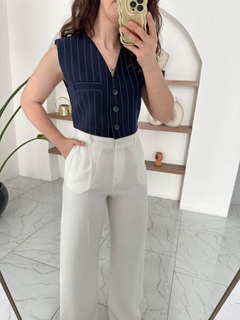 Lacivert Beyaz Çizgili Crop Yelek