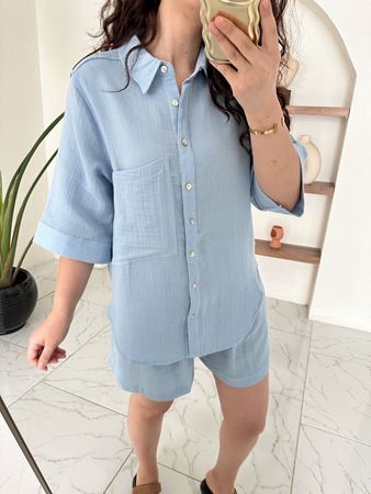 Bebe Mavisi Müslin Şort Gömlek Takım
