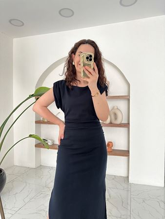 Lacivert Vatkalı Drapeli Penye Elbise