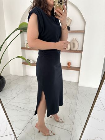 Lacivert Vatkalı Drapeli Penye Elbise