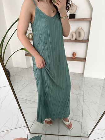 Haki İnce Pliseli İp Askılı Elbise