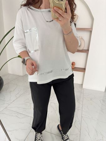 Beyaz Silver Detaylı Torba Cepli T-Shirt
