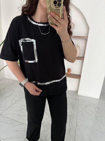 Siyah Silver Detaylı Torba Cepli T-Shirt