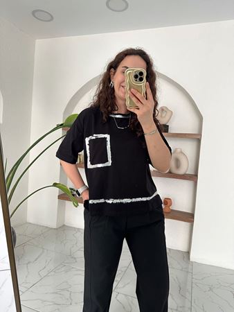Siyah Silver Detaylı Torba Cepli T-Shirt