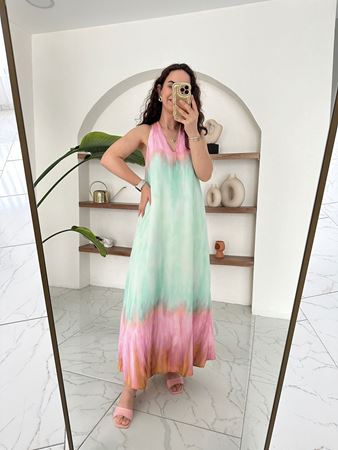 Su Yeşili Halter Yaka Renkli Desenli Elbise