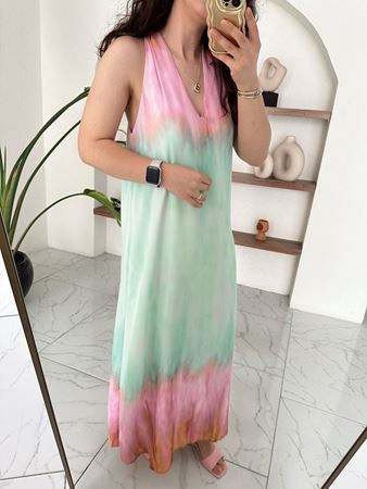 Su Yeşili Halter Yaka Renkli Desenli Elbise