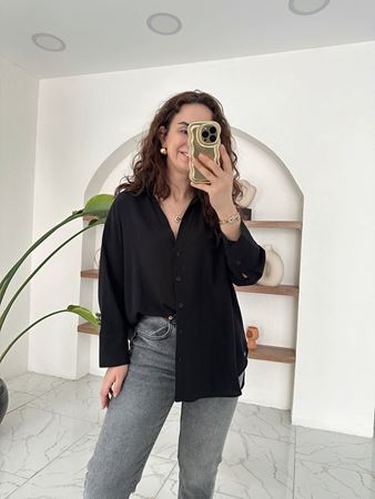 Siyah Kendinden Dokulu Truvakar Kol Gömlek