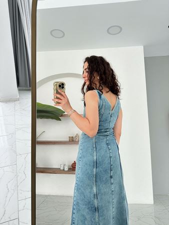 Mavi Önü Ve Arkası V Yaka Midi Denim Elbise