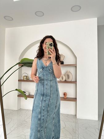 Mavi Önü Ve Arkası V Yaka Midi Denim Elbise