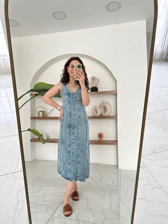 Mavi Önü Ve Arkası V Yaka Midi Denim Elbise