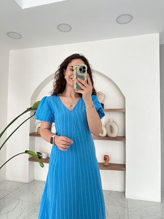 Mavi V Yaka Karpuz Kol Çizgili Elbise