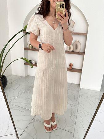 Bej V Yaka Karpuz Kol Çizgili Elbise